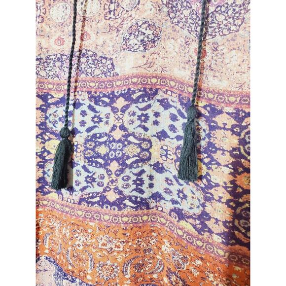 Lucky Brand Womens Medium Peasant Top Bohemian Balloon Sleeve Printed Tassel - Picture 3 of 9
